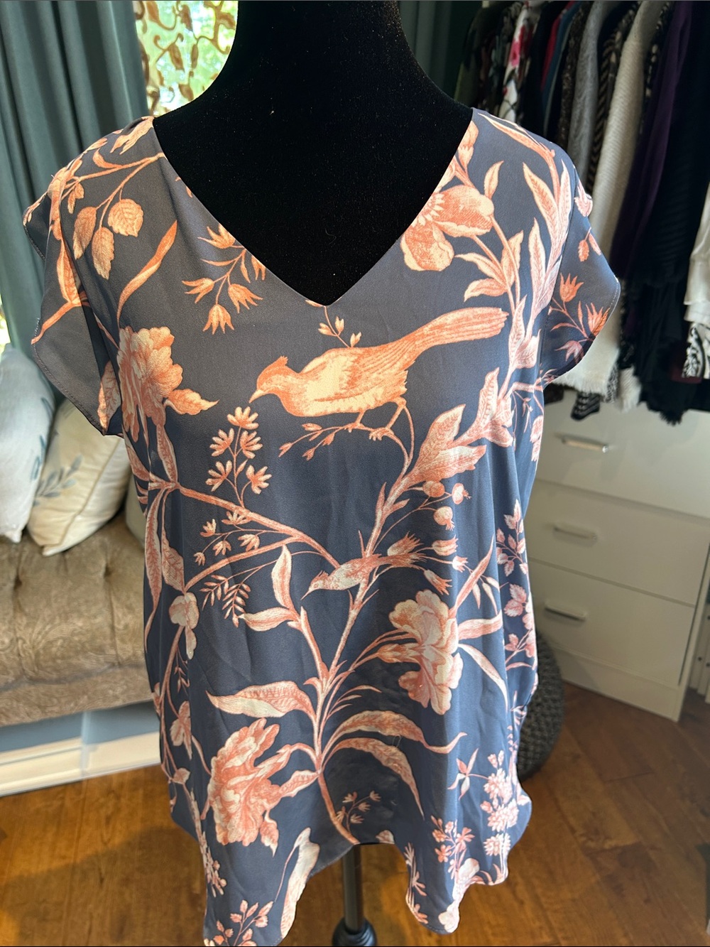 LOFT Navy V-Neck Top with Pink Floral & Bird Print